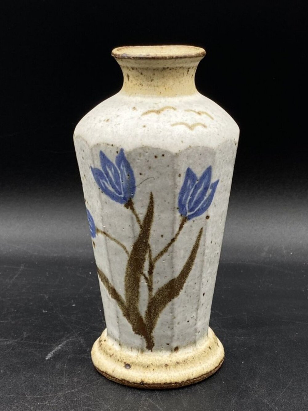 Stoneware Vase Flowers Sand and Browns Color Signed Crown 6.5”